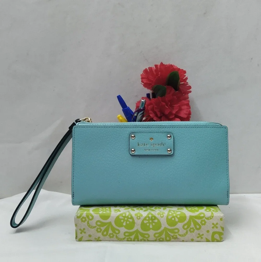 Kate Spade New York Blue Leather Credit Card Zipper Closure Wristlet - Wallet